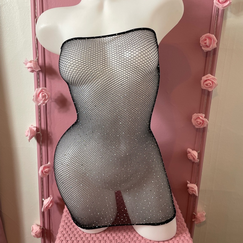 👗 MEDIUM RHINESTONE black mesh fishnet dress lingerie - sexy lingerie club wear